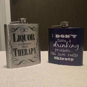2 Novelty Gag Gift Flasks - "Liquor is Cheaper" & "Drinking Problem"